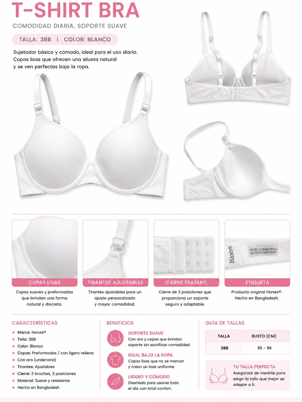 Hanes White T-Shirt Bra - Blanca
